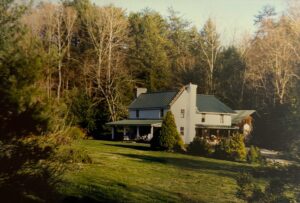 A two-story white house with a green metal roof sits in a grassy yard, surrounded by trees with some autumn foliage.
