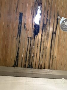 Wooden ceiling with significant water damage, black streaks, and a hole allowing sunlight to come through; a light fixture is visible on the right side.
